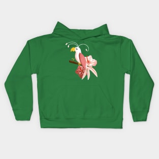 White and Pink Tropical Bird with Hibiscus Flowers Kids Hoodie